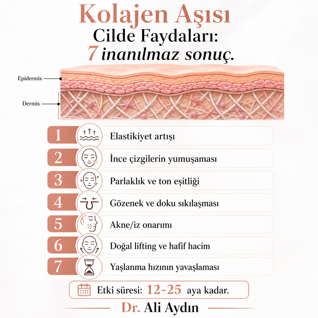 Kolajen aşısının ciltte sağladığı yedi sonucu cilt kesiti üzerinde gösteren infografik