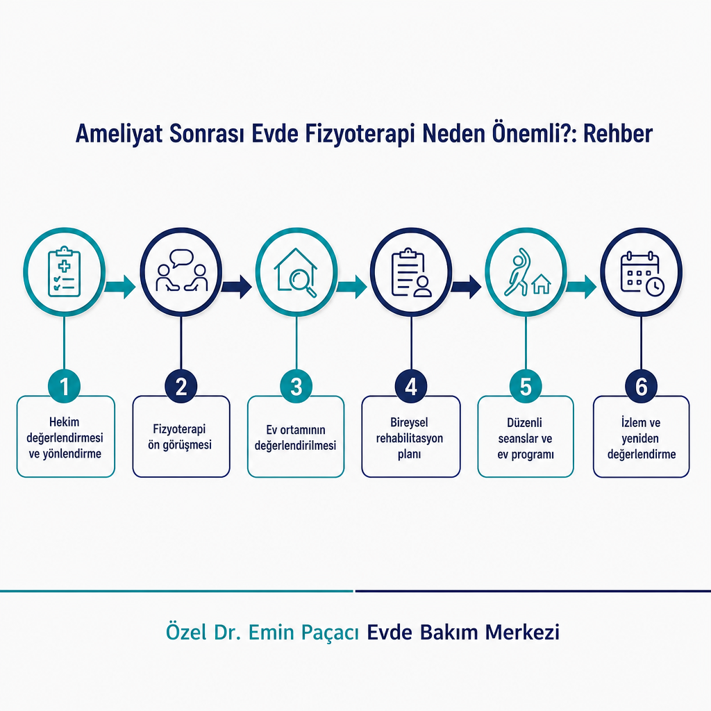 Ameliyat sonrası evde fizyoterapi sürecinin altı aşamasını gösteren süreç şeması