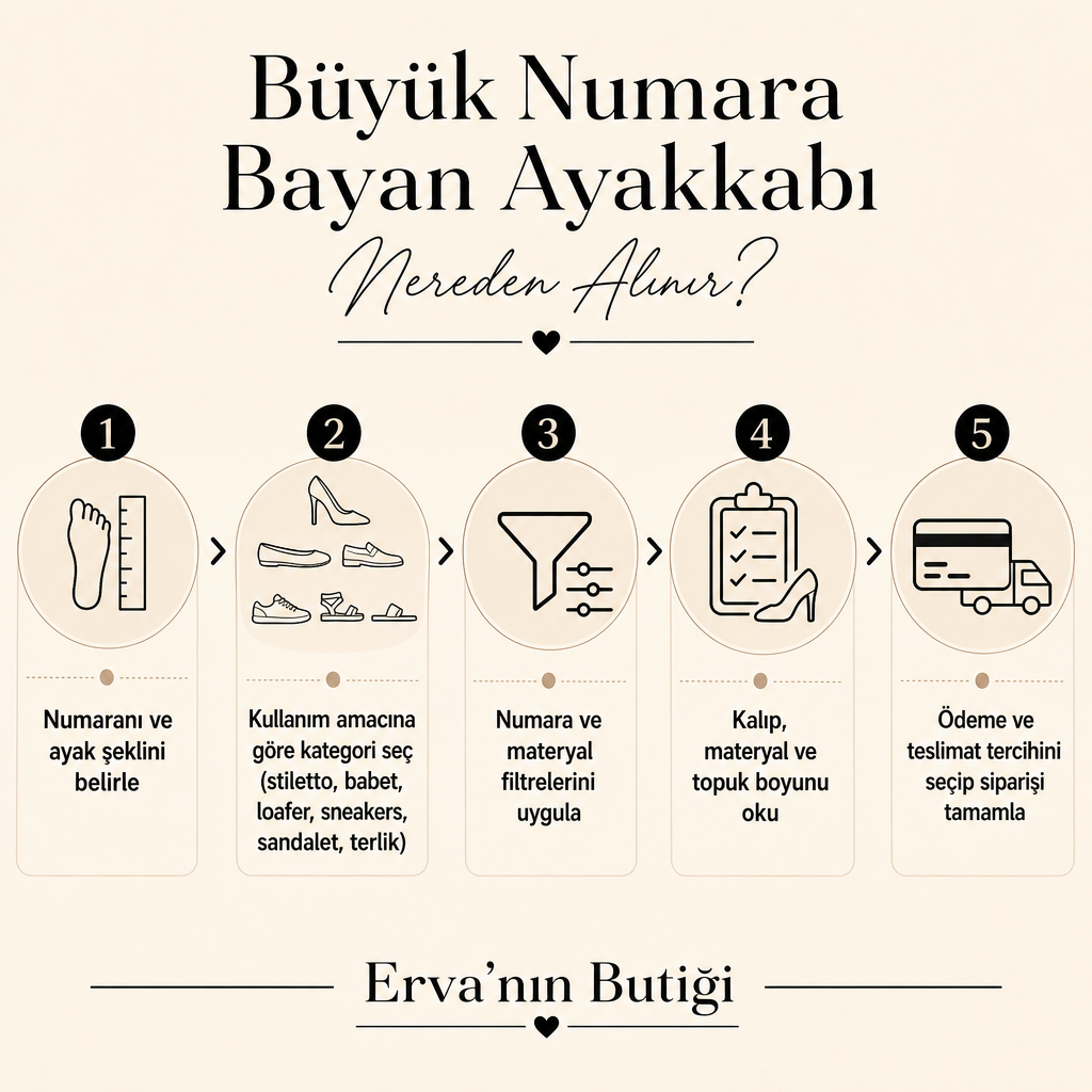 Beş adımlı büyük numara ayakkabı satın alma süreci: numara belirleme, kategori seçme, filtreleme, ürün detayı okuma ve sipariş tamamlama
