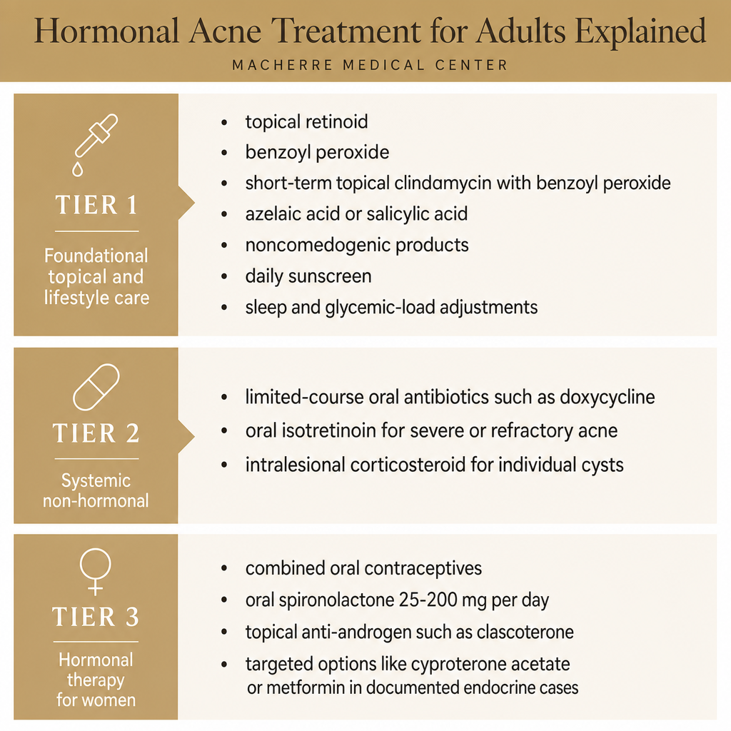 Three-tier chart showing foundational topical care, systemic non-hormonal therapy, and hormonal therapy for adult acne