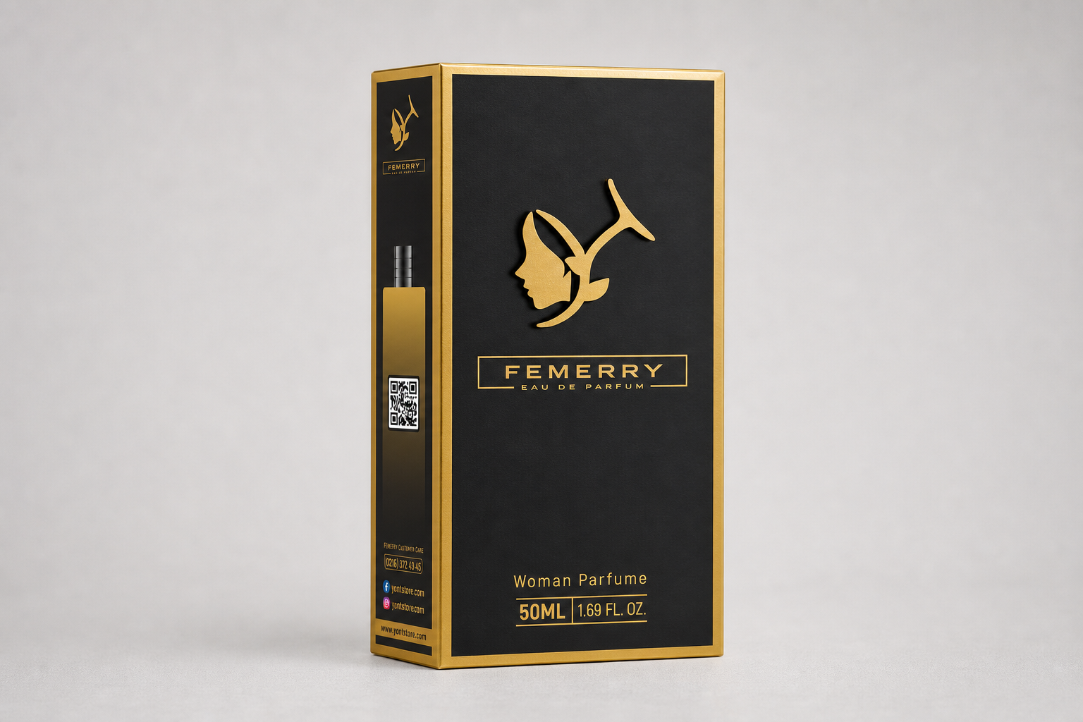 Femerry Eau de Parfum kadın parfümü kutusu, siyah ve altın renkli tasarımıyla önden görünüm