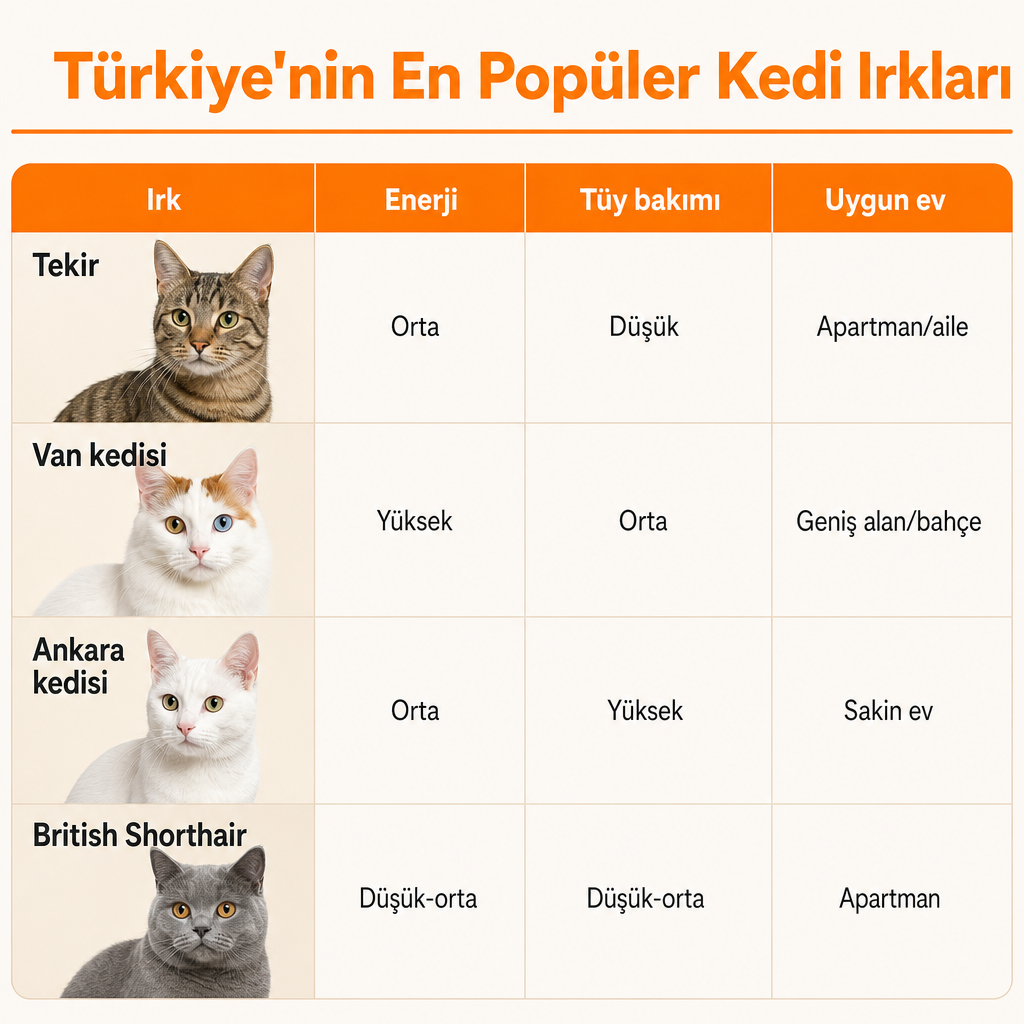 Tekir, Van, Ankara ve British Shorthair kedilerinin enerji, tüy bakımı ve uygun ev ortamına göre karşılaştırma tablosu