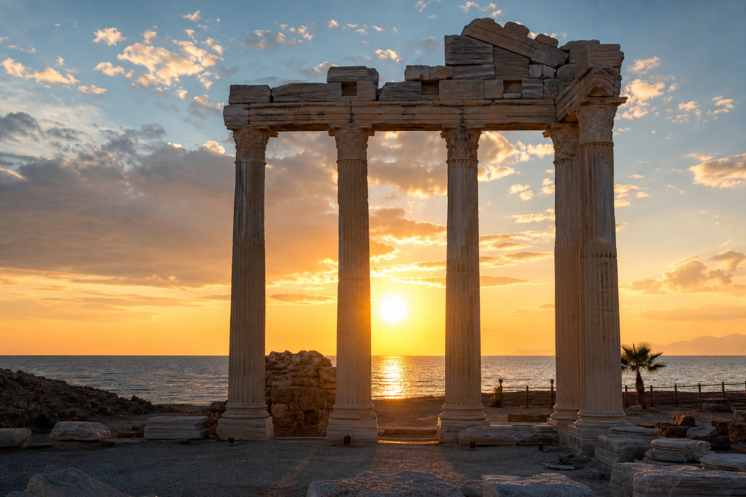 Columns of the Temple of Apollo in Side at sunset on the Mediterranean coast