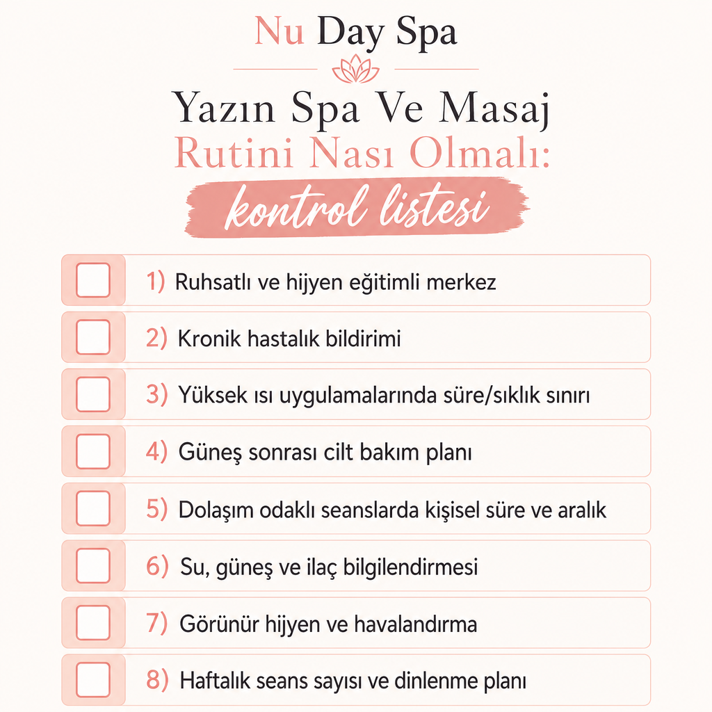 Yaz spa ve masaj rutini için sekiz maddelik kontrol listesi görseli