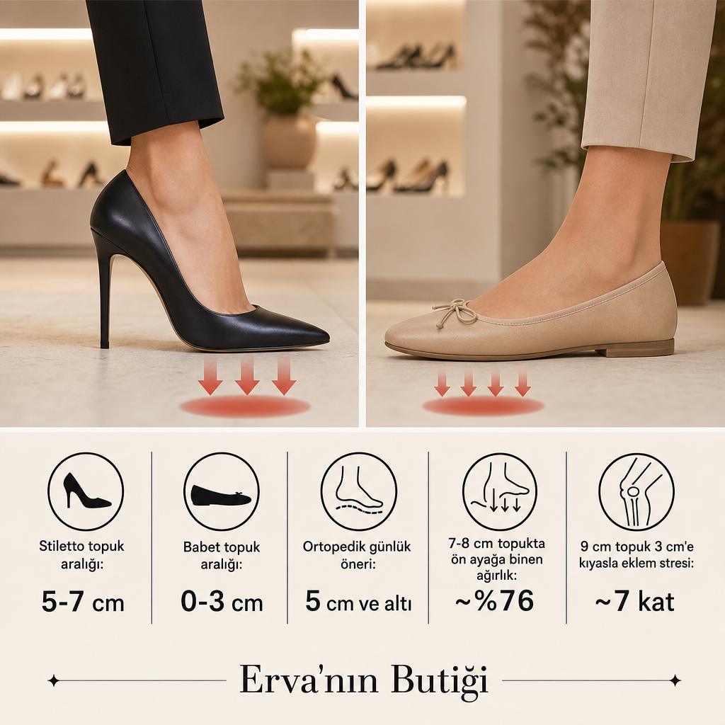 Stiletto ve babet arasında topuk yüksekliği ve ön ayağa binen yükü karşılaştıran görsel