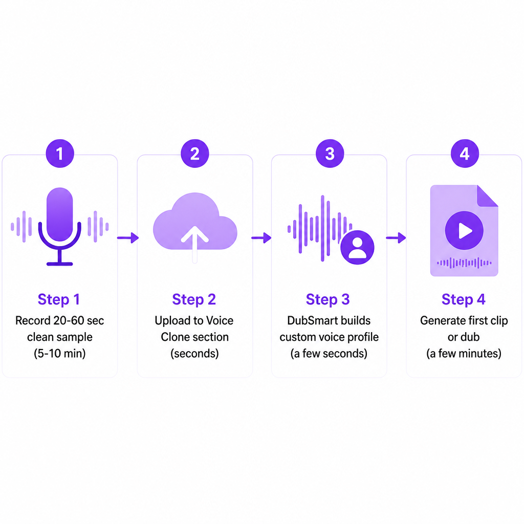 Four-stage process showing recording, uploading, cloning, and generating a first clip