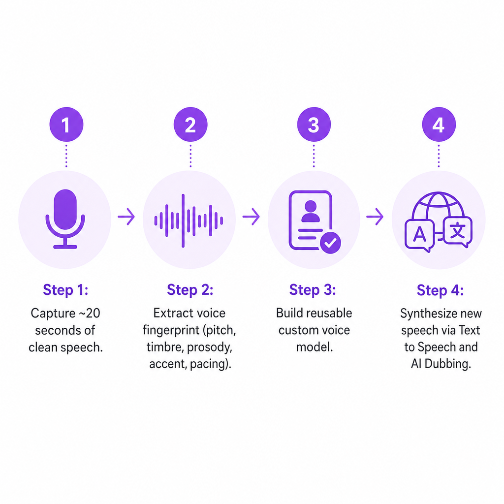 Four-step diagram showing audio capture, fingerprint extraction, voice model creation, and speech synthesis.