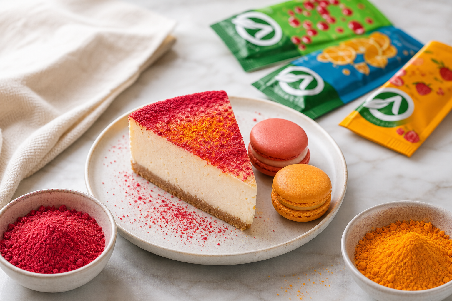 Cheesecake diliminin ve makaronların üzerine serpilmiş ince meyve tozu dekoru