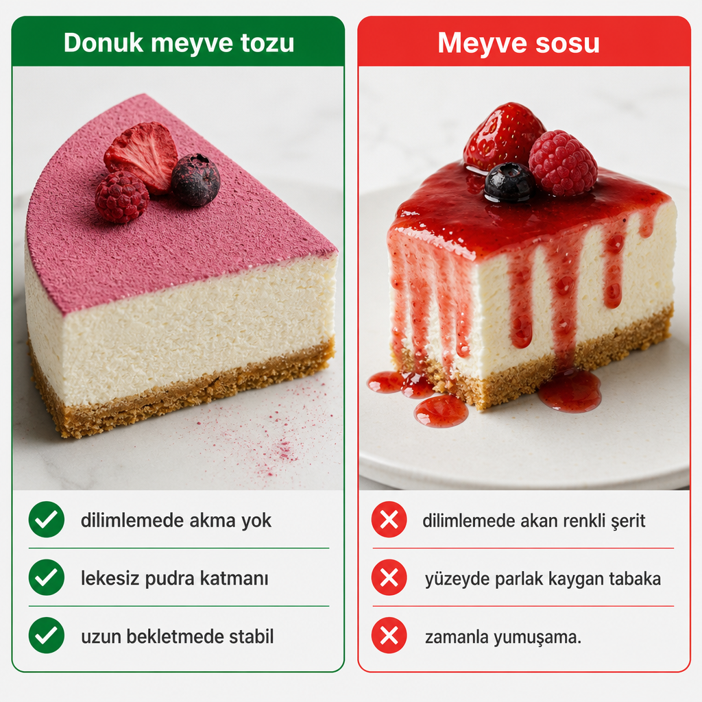 Cheesecake üzerinde donuk meyve tozu ile meyve sosunun dilimleme sonrası davranışını karşılaştıran görsel