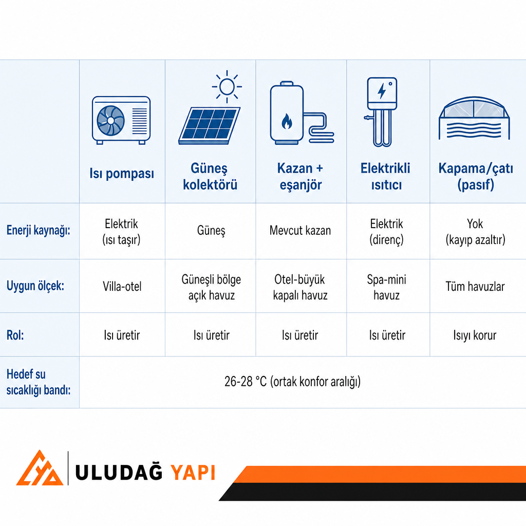 Beş havuz ısıtma yöntemini enerji kaynağı, uygun ölçek ve rolüne göre karşılaştıran görsel tablo