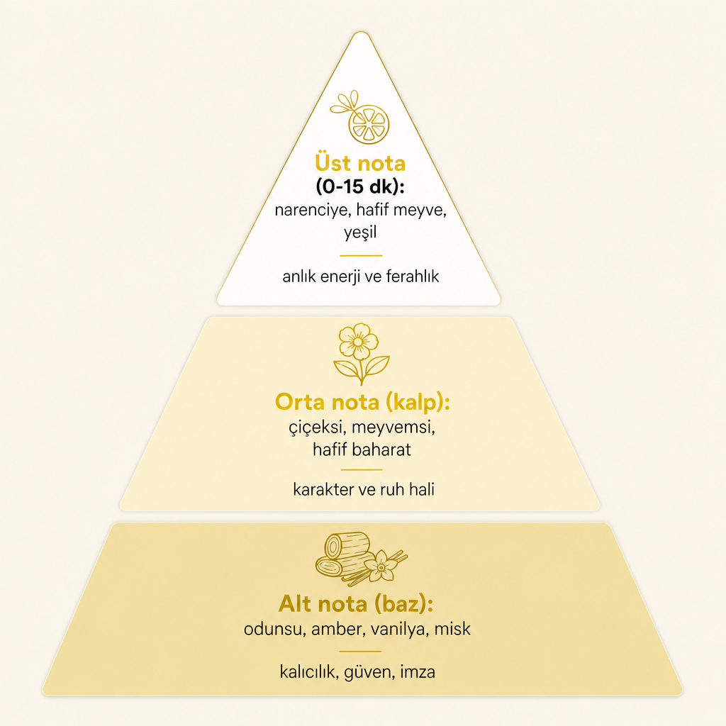 Üst, orta ve alt notaları ve her katmanın taşıdığı duyguyu gösteren koku piramidi şeması