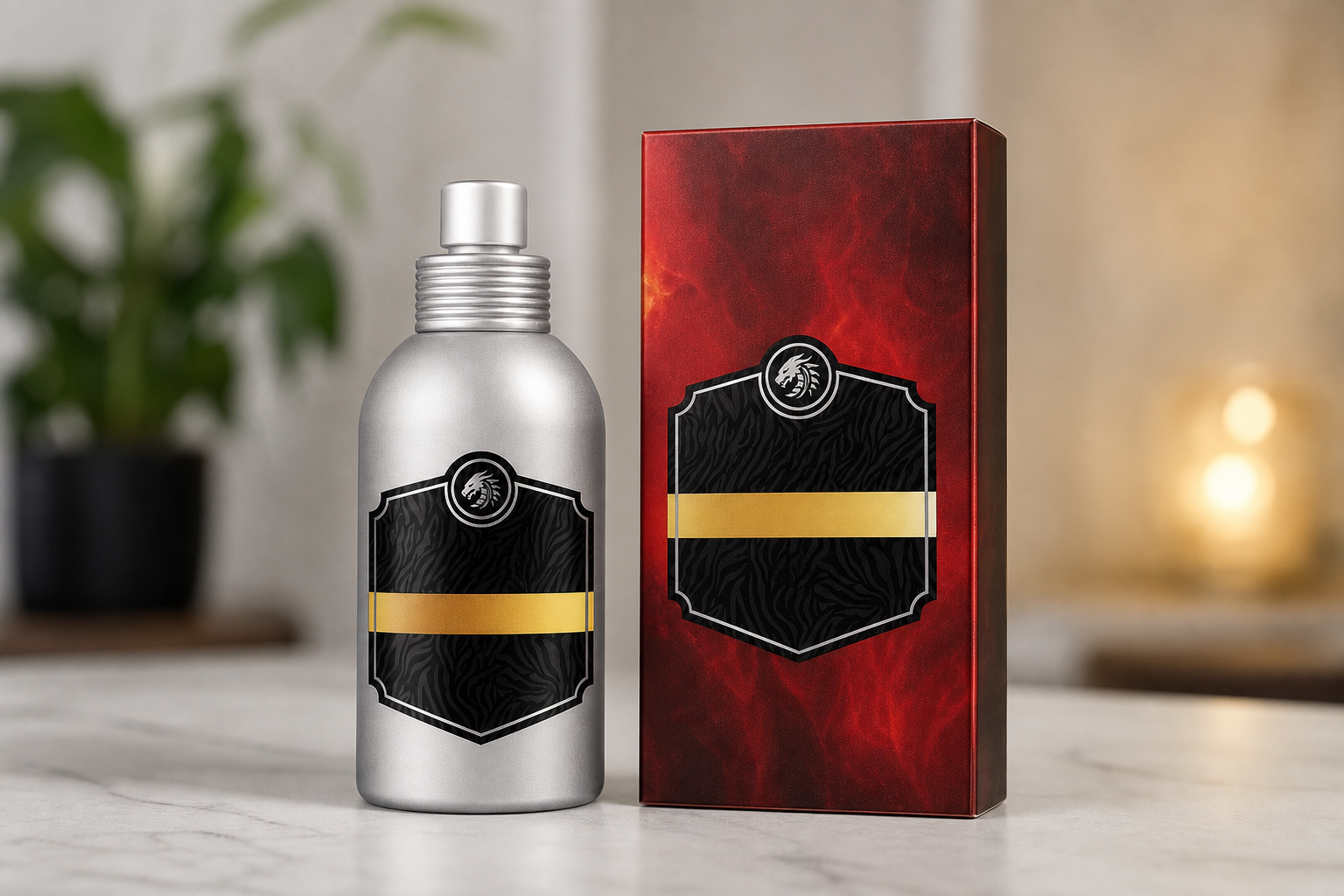 Storm For Men Dragon Fire body spray şişesi ve kutusu beyaz zemin üzerinde