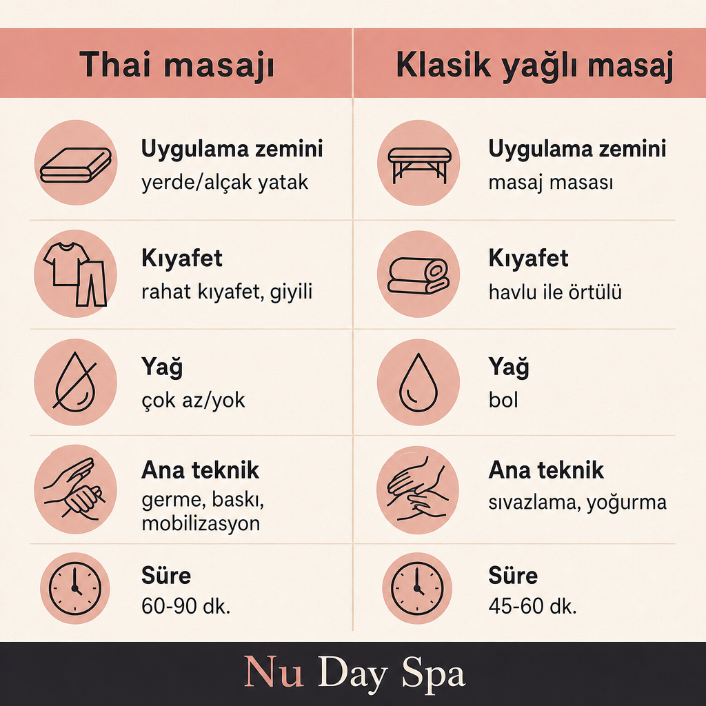 Thai masajı ile klasik yağlı masajı zemin, kıyafet, yağ kullanımı ve teknik açısından karşılaştıran görsel.