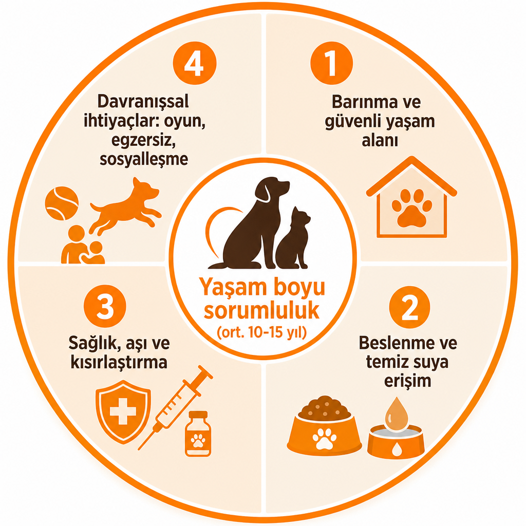Sorumlu evcil hayvan sahiplenmenin dört temel bileşenini gösteren dairesel infografik