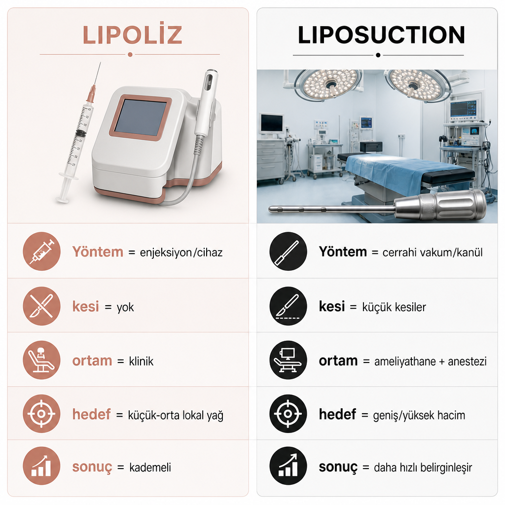 Lipoliz ve liposuction yöntemlerini yöntem, ortam, hedef ve sonuç başlıklarıyla karşılaştıran iki sütunlu görsel