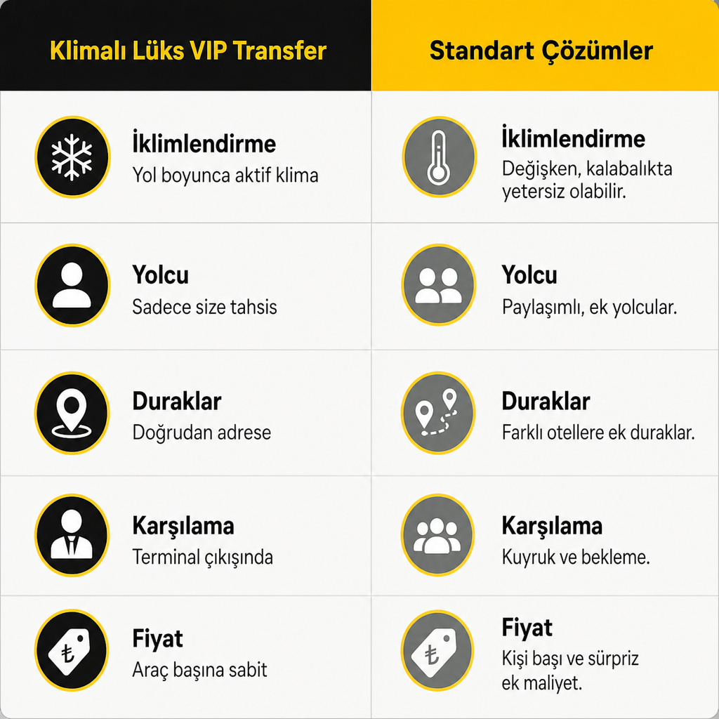 Visual table comparing air-conditioned luxury VIP transfer with standard transportation solutions across five headings