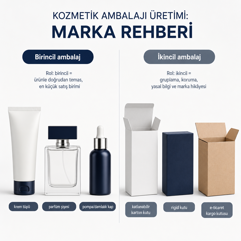 Birincil ve ikincil kozmetik ambalajını örnekleriyle karşılaştıran görsel