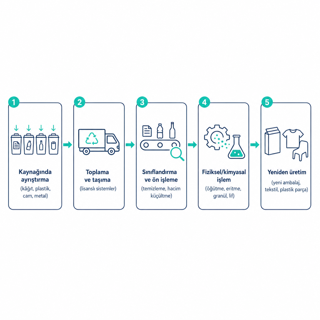 Process diagram showing the five fundamental stages of the recycling process from sorting to re-production