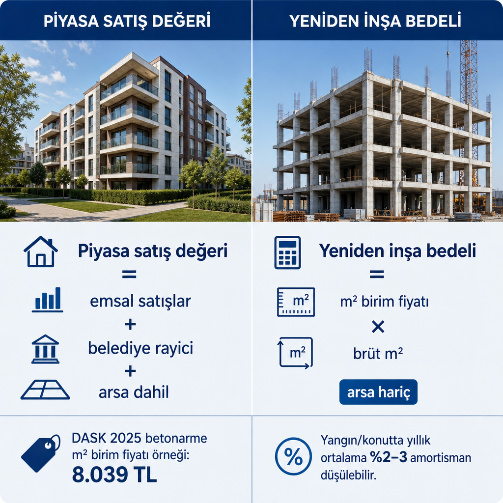 Konutta piyasa satış değeri ile sigortada esas alınan yeniden inşa bedelini karşılaştıran görsel.