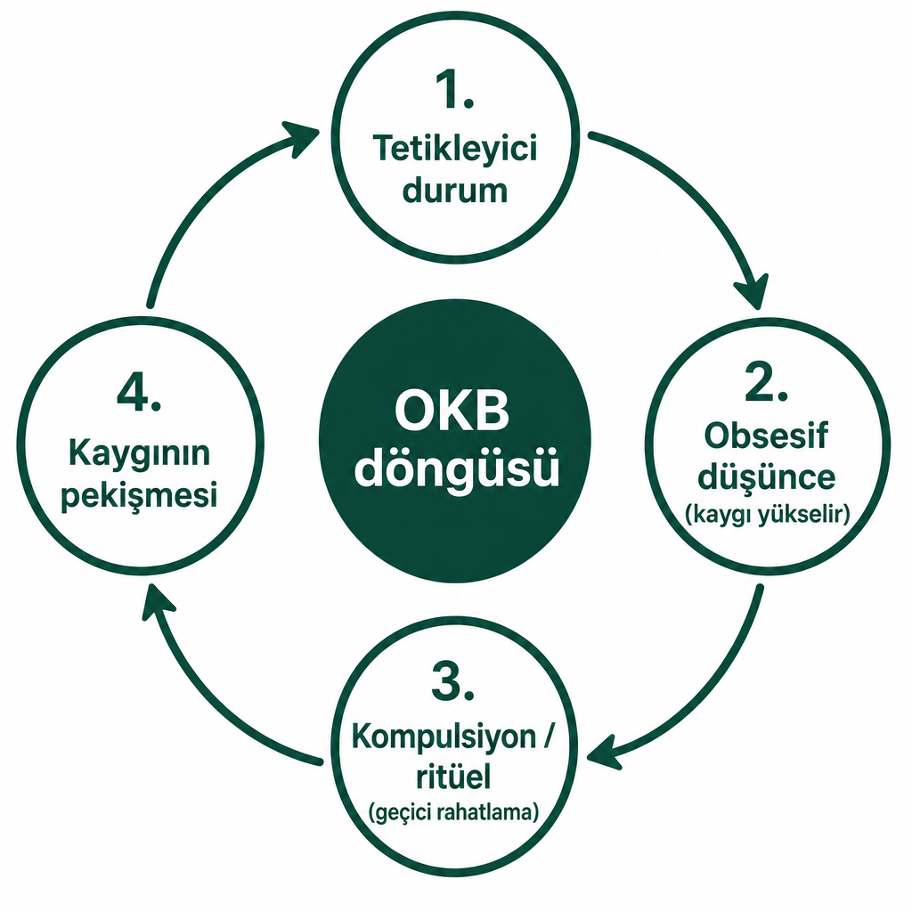 Tetikleyici, obsesif düşünce, kompulsiyon ve kaygının pekişmesi arasındaki dört adımlı OKB döngüsünü gösteren şema