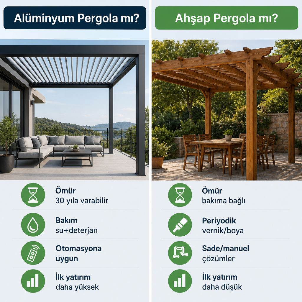 Alüminyum ve ahşap pergolayı ömür, bakım, otomasyon ve maliyet başlıklarında karşılaştıran iki sütunlu görsel.