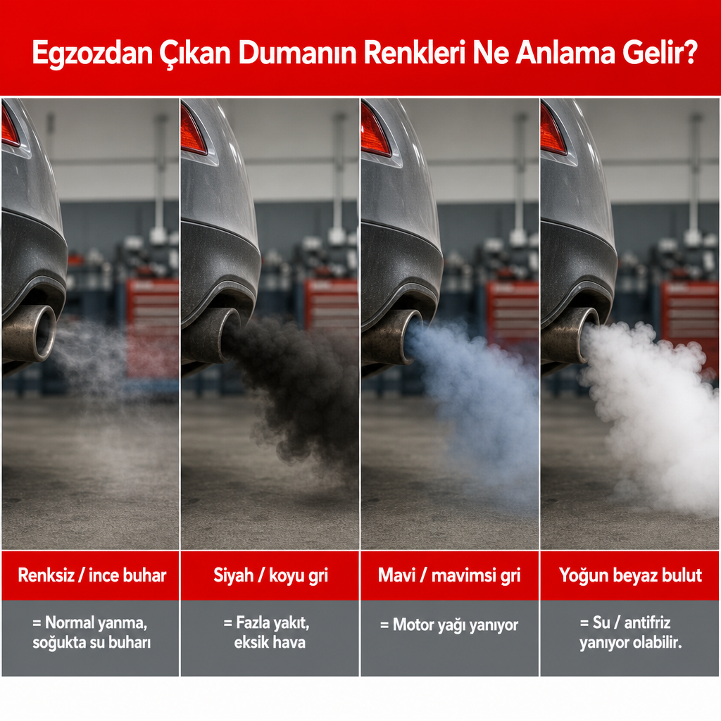 Egzozdan çıkan renksiz, siyah, mavi ve yoğun beyaz dumanın anlamlarını karşılaştıran görsel
