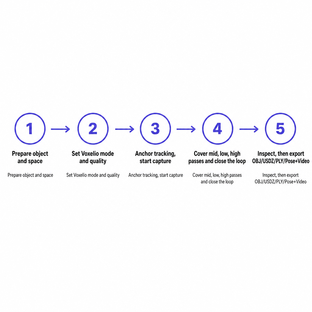 Five-step process diagram showing preparation, mode setup, tracking, full-angle capture, and export in Voxelio.