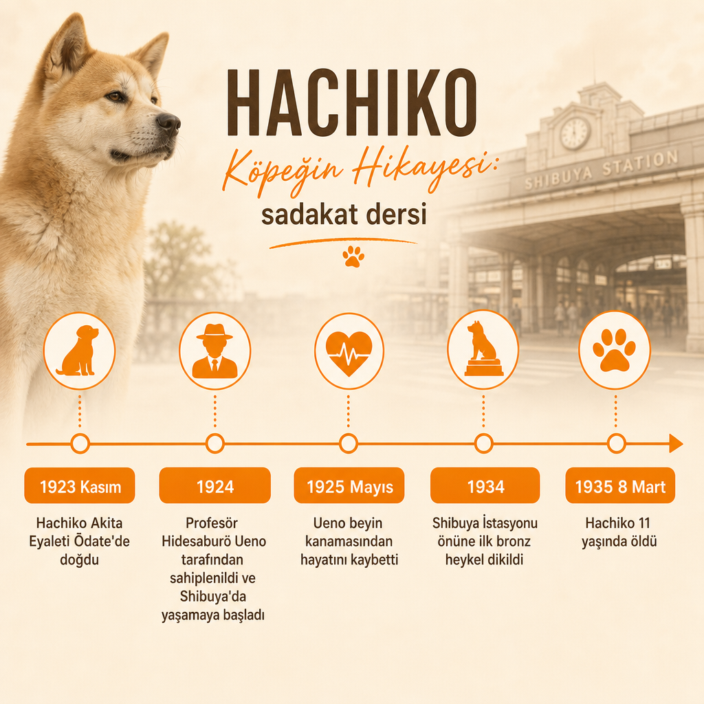 Hachiko'nun doğumundan ölümüne kadar önemli tarihleri gösteren zaman çizelgesi