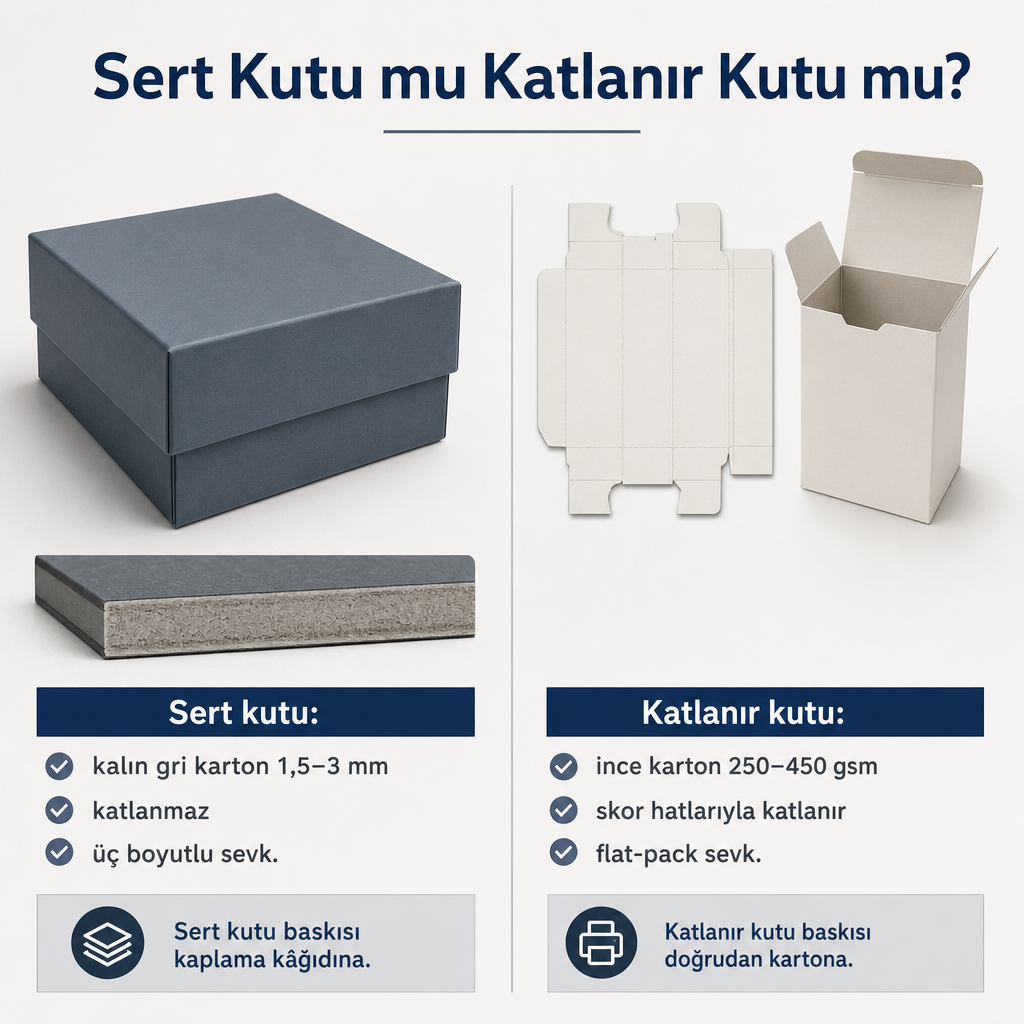 Sert kutu ve katlanır kutunun malzeme kalınlığı ve sevkiyat formu farkını gösteren karşılaştırma görseli