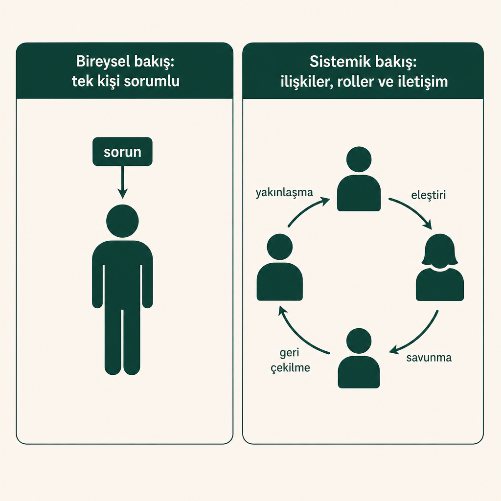 Bireysel odak ile aile sistemi odağını karşılaştıran iki panelli şema.