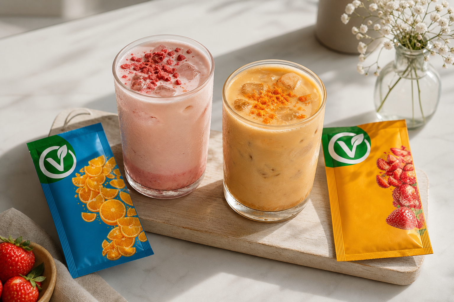 İki soğuk latte, biri pastel pembe biri pastel turuncu tonda, yanlarında VEYRA meyve tozu paketleriyle.