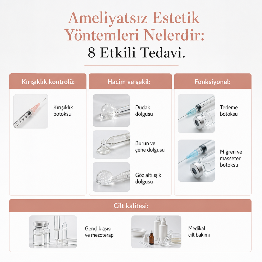 Sekiz ameliyatsız estetik yöntemini amacına göre dört gruba ayıran bilgi grafiği
