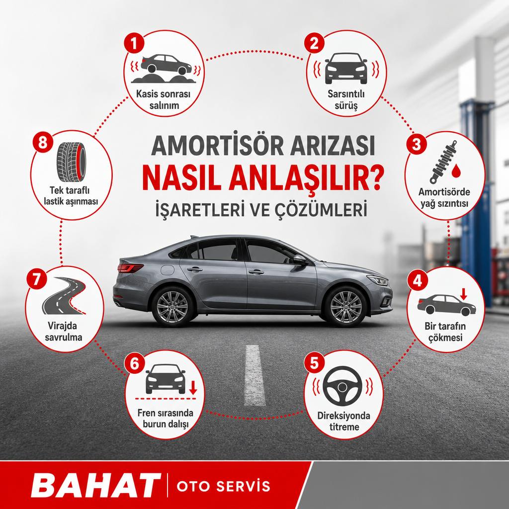 Bir aracın çevresine yerleştirilmiş sekiz amortisör arıza belirtisini gösteren infografik