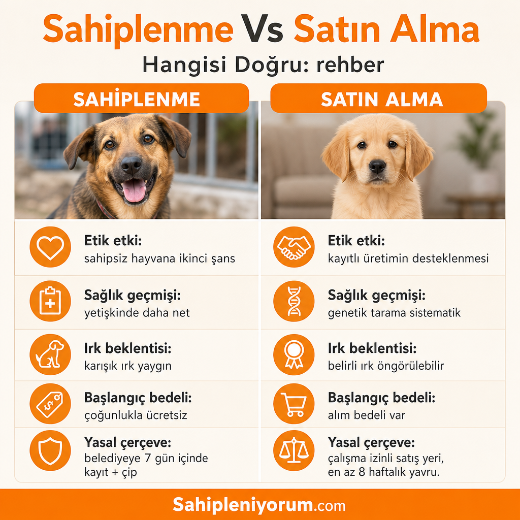 Sahiplenme ve satın alma seçeneklerini kriterlere göre yan yana gösteren karşılaştırma görseli
