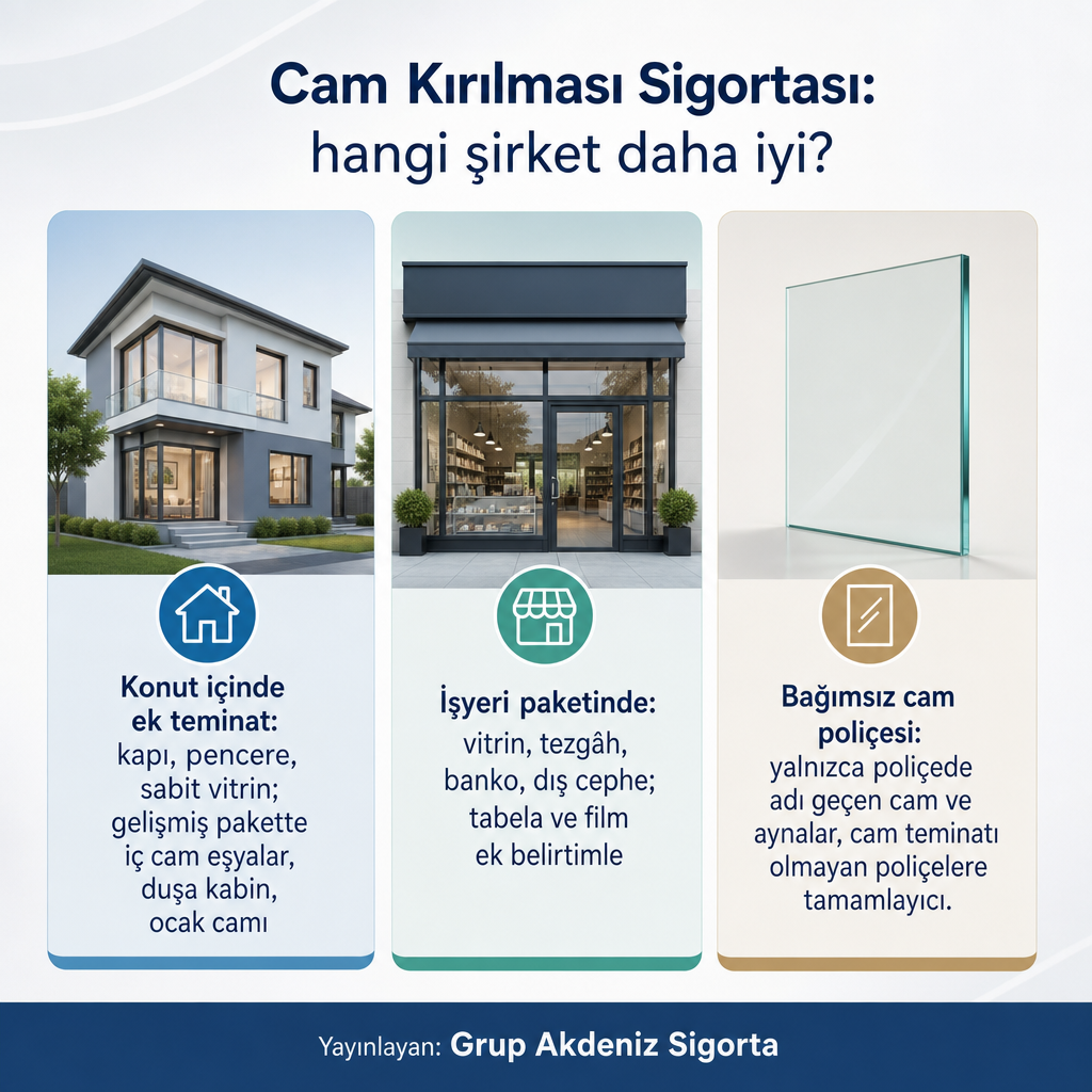 Cam kırılması teminatının konut, işyeri ve bağımsız poliçe olmak üzere üç veriliş biçimini kapsam farklarıyla gösteren karşılaştırma görseli