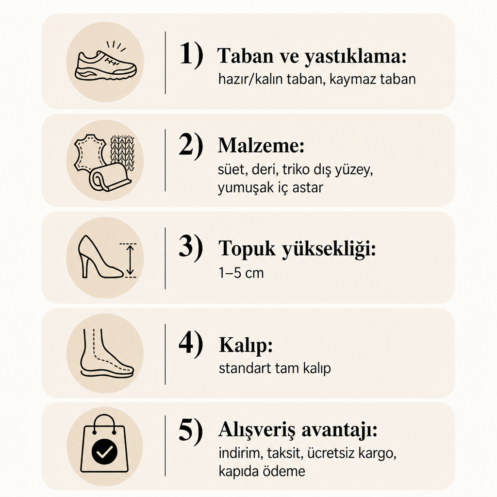 Rahat kadın sneakers seçiminde kullandığımız beş kriteri gösteren infografik