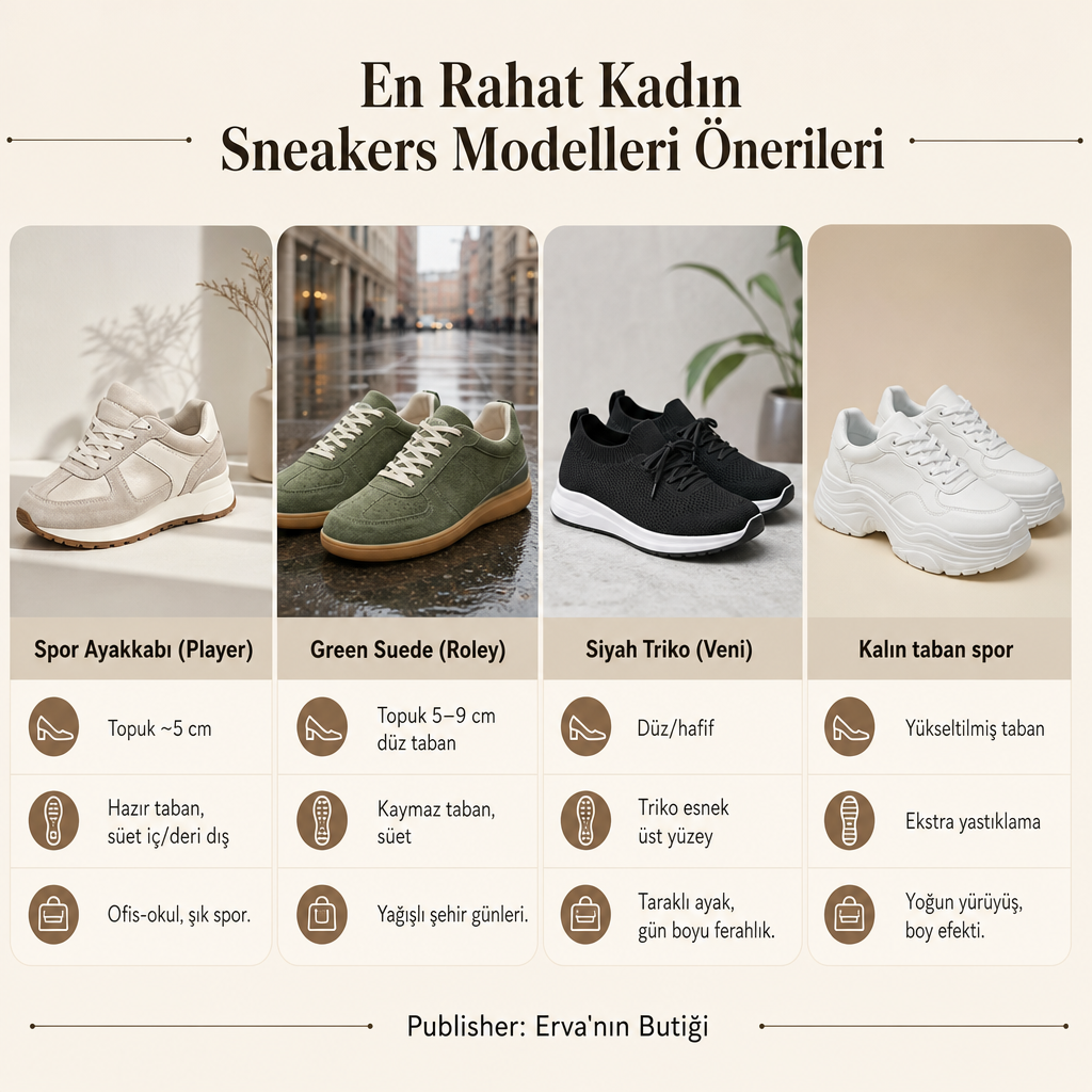 Player, Green Suede, Siyah Triko ve kalın taban modellerini topuk, taban ve kullanım senaryosuna göre karşılaştıran görsel