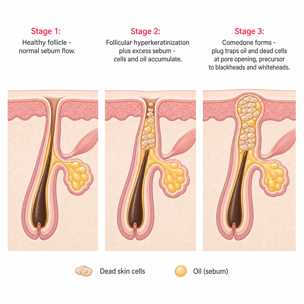Three-stage cross-section diagram showing a healthy pore, oil and cell buildup, and a formed comedone plug.