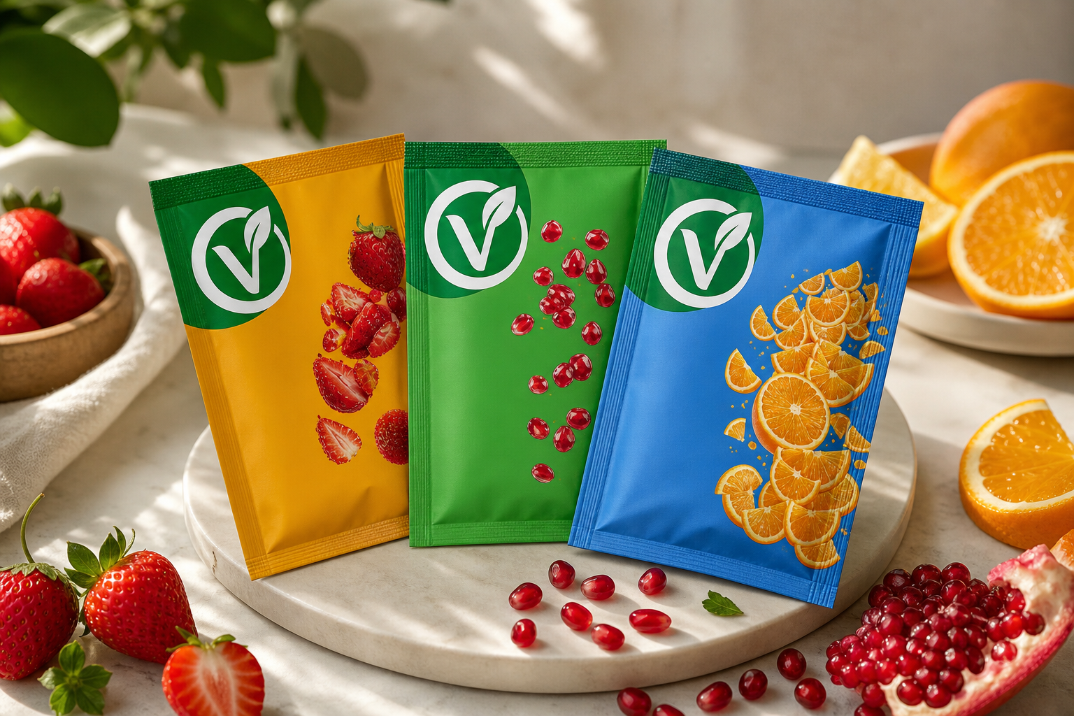 Yan yana dizilmiş çilek, nar ve portakal freeze dry meyve tozu paketleri