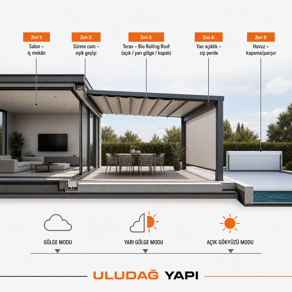 Salondan havuza uzanan geçiş zonlarını ve her zona karşılık gelen sistemleri gösteren mimari kesit diyagramı