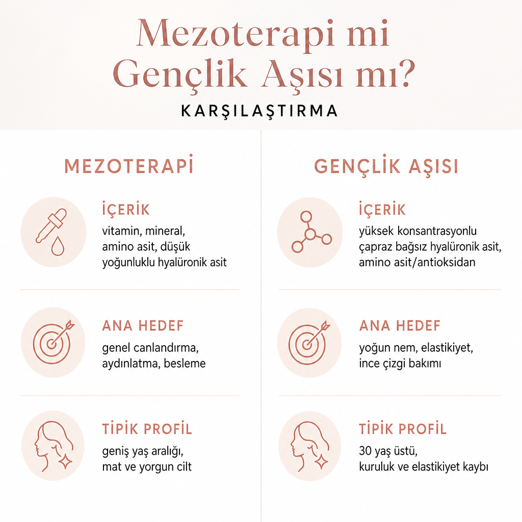 Mezoterapi ve gençlik aşısını içerik, hedef ve cilt profili açısından karşılaştıran iki sütunlu görsel.