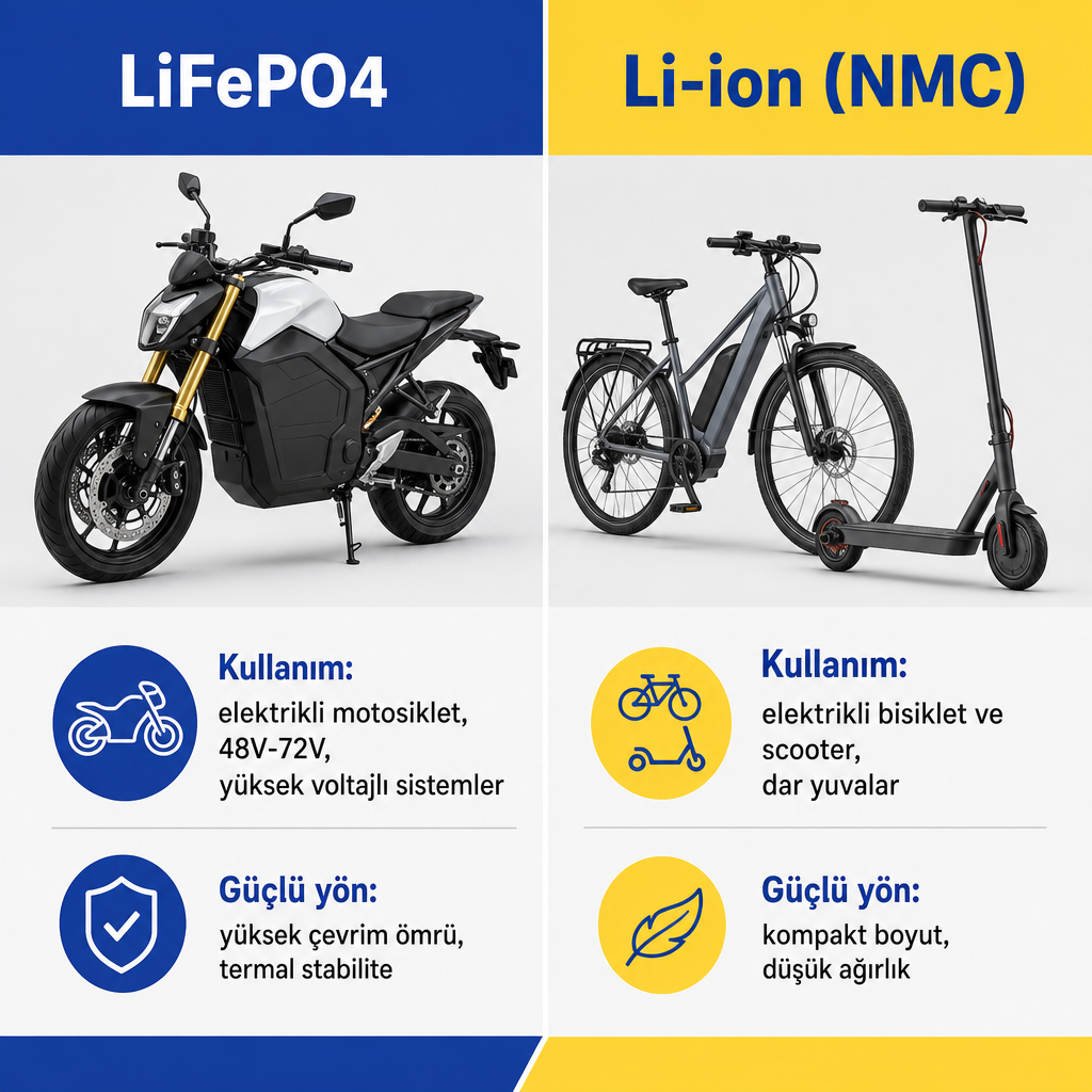 LiFePO4 ve Li-ion NMC paketlerinin kullanım alanı ve güçlü yönlerini karşılaştıran görsel