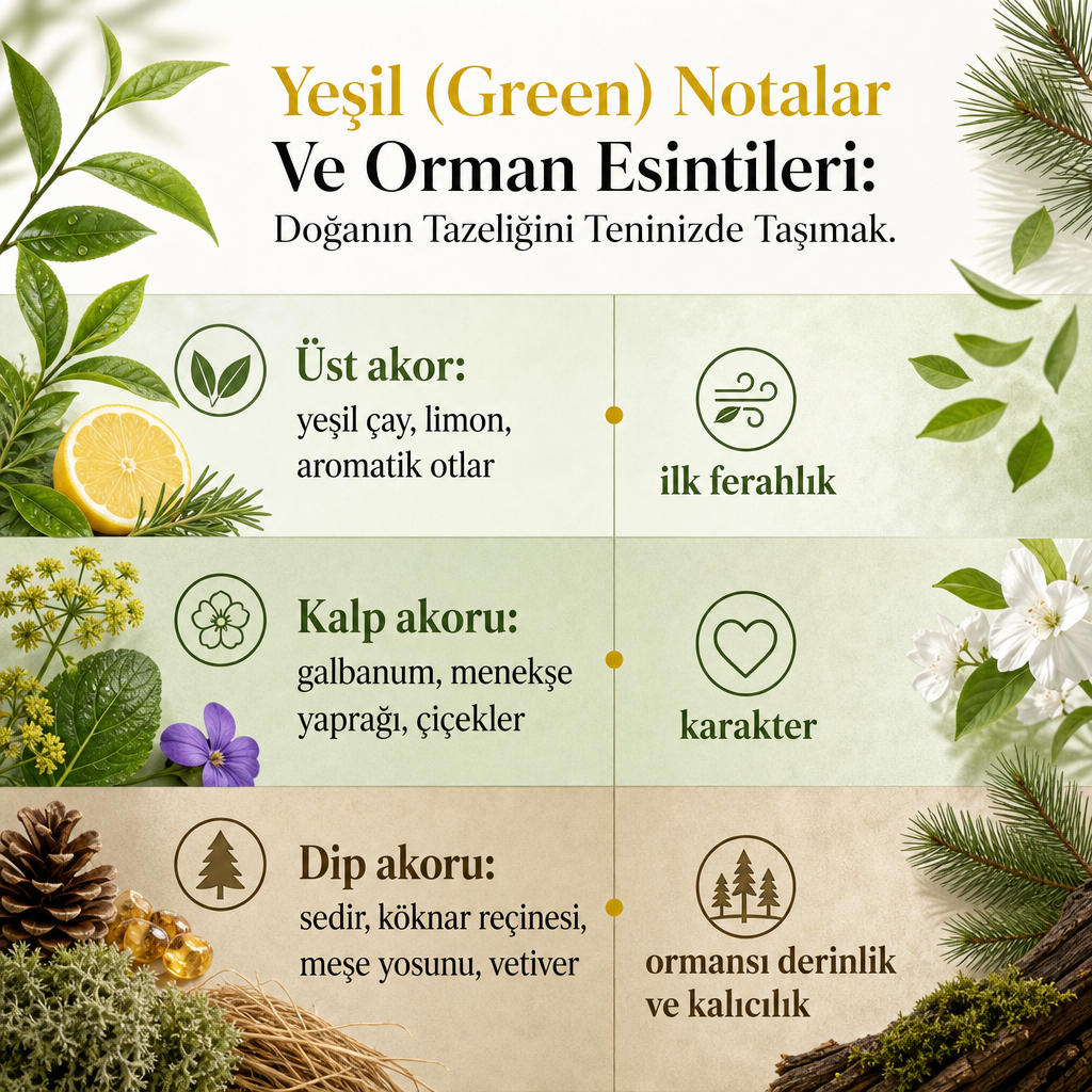 Yeşil notaların üstten dibe doğru ferahlıktan ormansı derinliğe geçişini gösteren bilgi grafiği