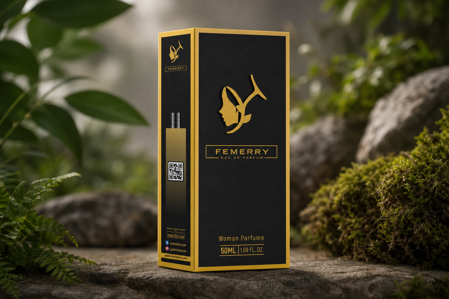 Femerry Eau de Parfum kadın parfümünün siyah ve altın renkli kutusu