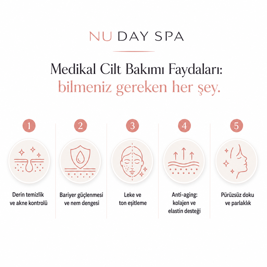 Medikal cilt bakımının beş temel faydasını gösteren infografik