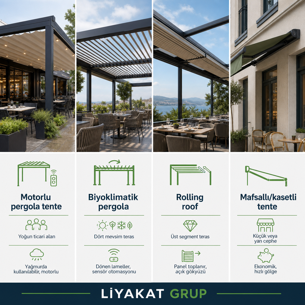 Motorlu pergola tente, biyoklimatik pergola, rolling roof ve tente sistemlerinin kullanım alanına göre karşılaştırması