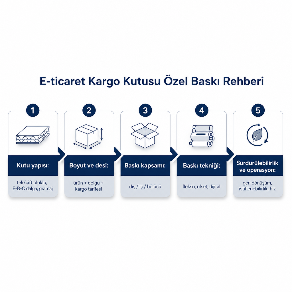 Kargo kutusu özel baskı kararının beş katmanını soldan sağa gösteren diyagram