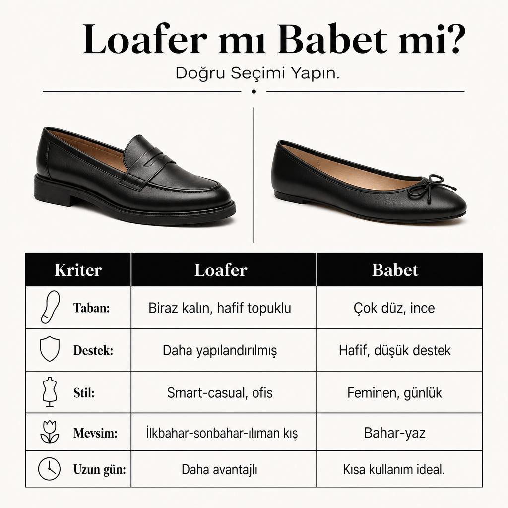 Loafer ve babeti taban, destek, stil, mevsim ve uzun gün konforu üzerinden karşılaştıran görsel
