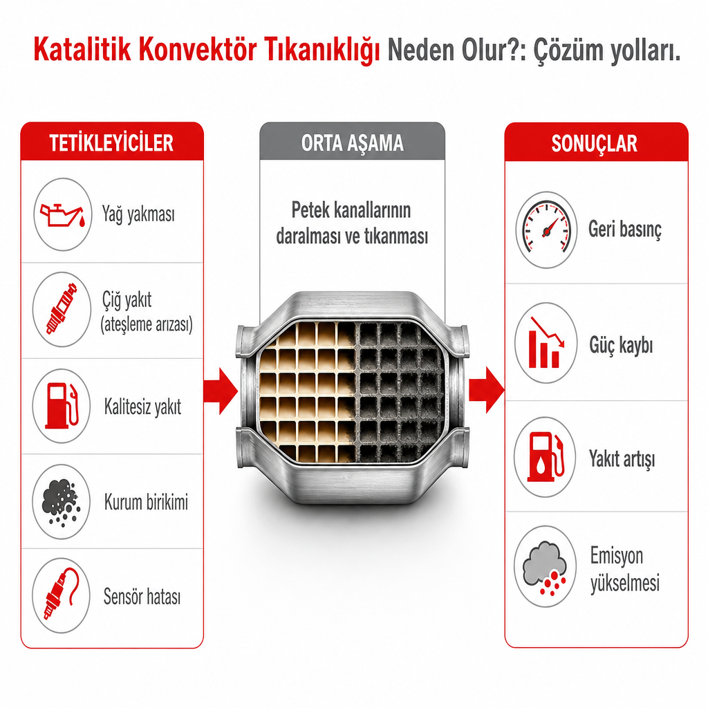 Motor kaynaklı nedenlerin konvektör tıkanıklığına ve oradan performans ile emisyon sonuçlarına doğru akışını gösteren şema