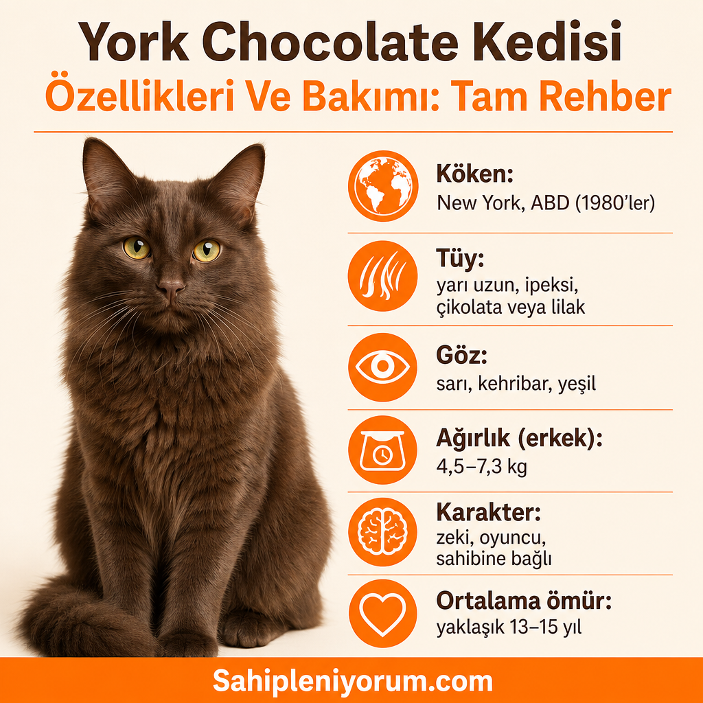 York Chocolate kedisinin köken, tüy, göz rengi, ağırlık, karakter ve ömür bilgilerini gösteren bilgi kartı